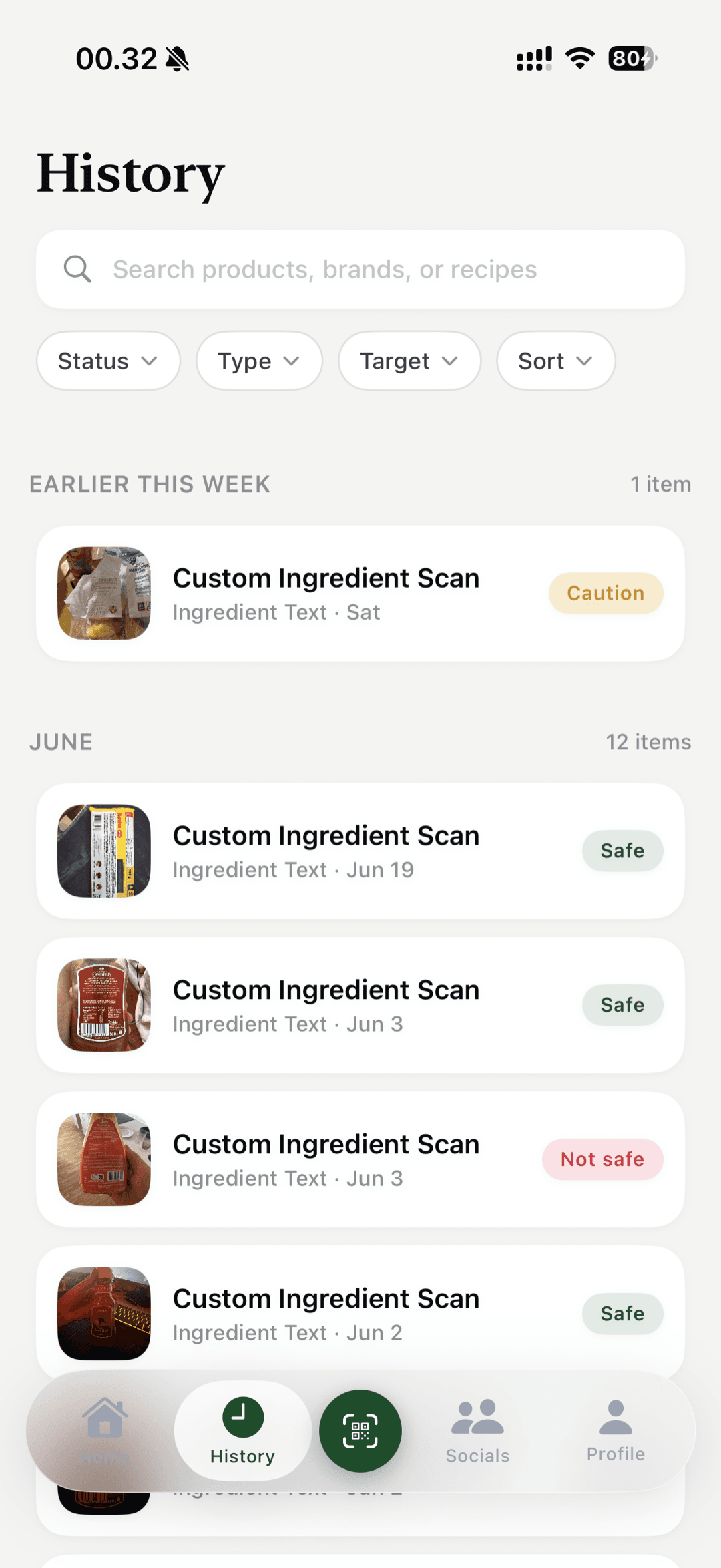 Purelyst History screen