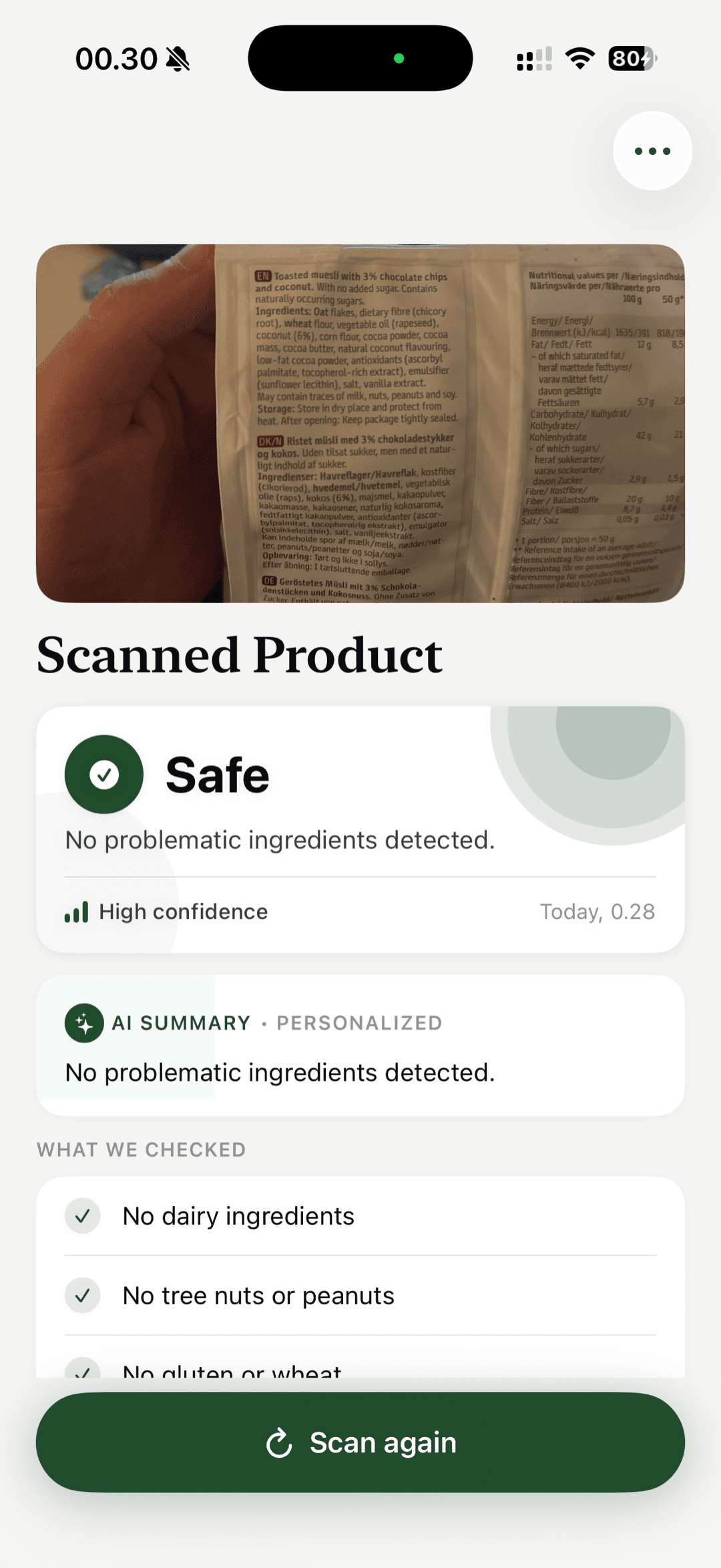 Purelyst scan result showing a Safe verdict